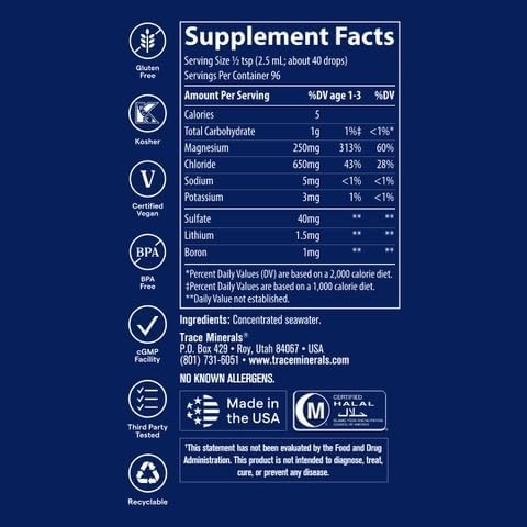 Miniatura 3 de Trace Minerals Gotas ConcenTrace para hidratación y glicinato de magnesio para apoyo muscular, óseo y para dormir, suministro para 96 días.