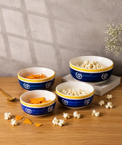 Image of Niyara Stoneware Handmade Ceramic Stylish Premium Serving Bowls /Salad Tray Microwave Dishwasher Safe Set of 4 (Blue Swirl Designer)