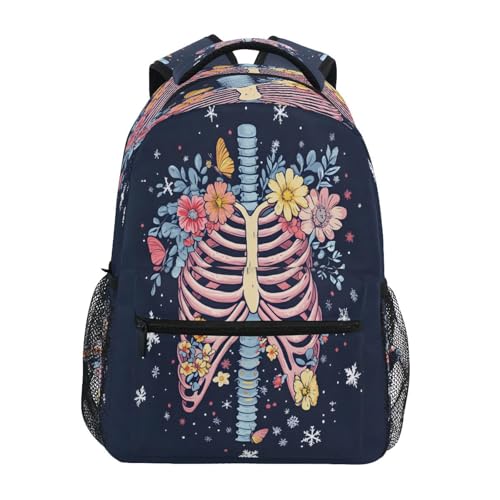 Skeleton Sugar Skull Flower Backpack for School Boys Girls Adults Kids Bookbag Laptop Bag 15L