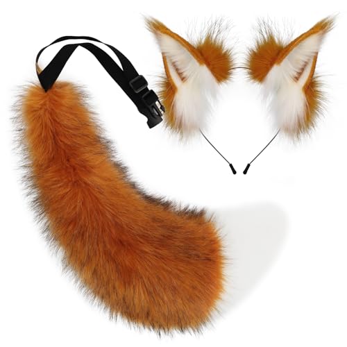 COSYEARS Faux Fur Furry Cat Ears Headband and Fox Wolf Tail Plush Cosplay Costume Accessories Set Halloween Parties