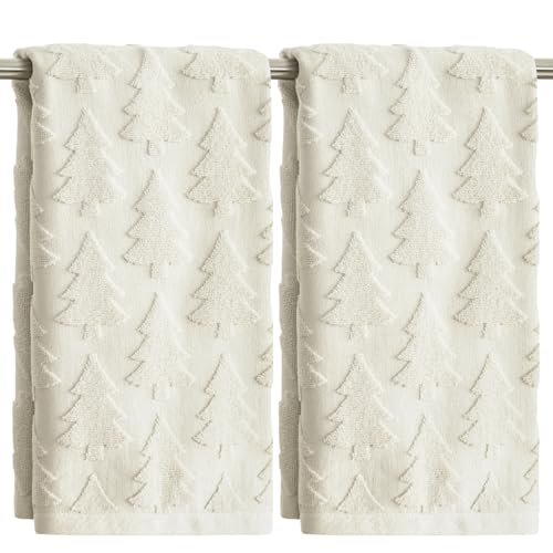 Artoid Mode 2 Pcs Beige 3D Xmas Tree Jacquard Christmas Hand Towels for Bathroom, 100% Cotton Soft Absorbent Bathroom Decor Towels, 13.7 x 29.5 Inch