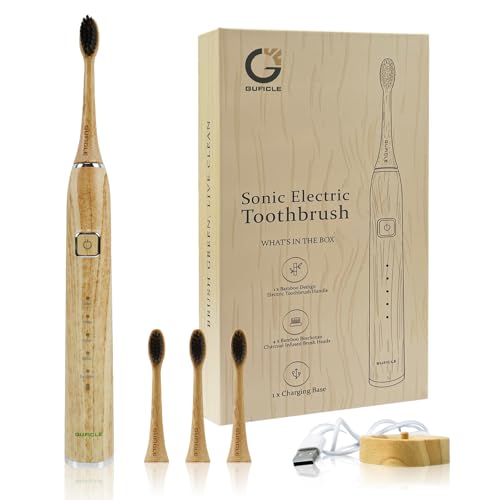 GUFICLE Sonic Electric Toothbrush with Bamboo Heads Bamboo Electric Toothbrush for Adults Smart Timer Sonic Technology 38000 VPM 4 Replacement Heads 5 Modes IPX7 Waterproof 80-Day Battery Life