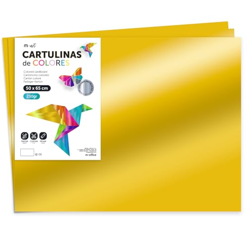 Cartulina de Colores Metalizadas, Tamaño Grande 50x65 cm, Cartulinas de Colores 230gr para Manualidades, Diseños Creativos y Proyectos de Arte, Brillo Reflectante · m-office (10 hojas, Oro)