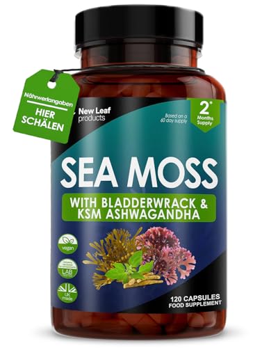 New Leaf Sea Moss Komplex Kapseln mit Reinem Irischem Seemoos mit Blasentang und Ashwagandha Ksm-66 Hochdosierte Seamoss 120 Vegane Kapseln mit Irischem Seemoos