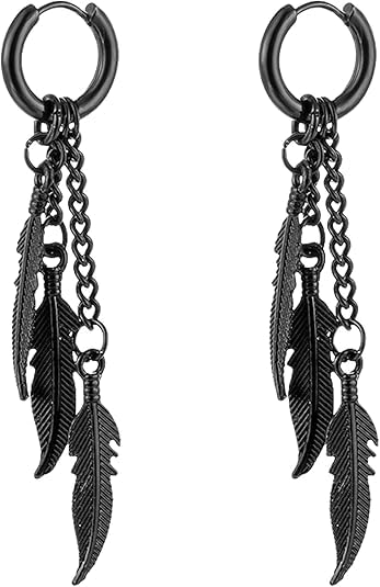 Feather Dangle Earrings for Men Punk Stainless Steel Huggie Hoop Dangle Earrings Hip Hop Feather Drop Earrings for Women