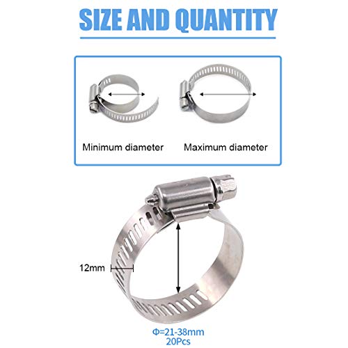 Glarks 20pcs Stainless Steel 304 Adjustable 21-38mm Assorted Worm Gear Hose Clamps Kit for Water Pipe Plumbing - Image 2