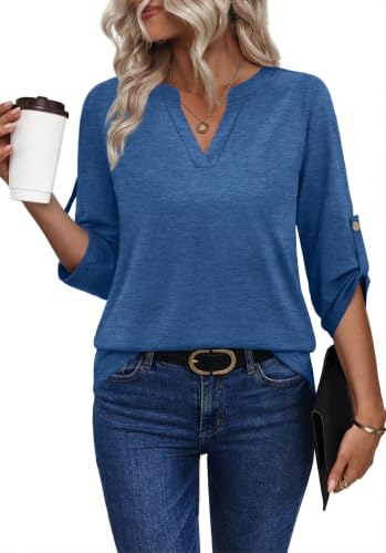 Image of XIEERDUO 3 /4 Length Sleeve Womens Tops V Neck T Shirts Both Side Buttons Blouses Business Casual Outfits Loose Fit
