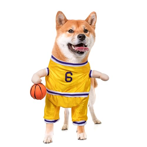 DELIFUR Dog Basketball Player Costume - Pet Halloween Costume Adjustable Funny Dress Up Sports Outfit Cosplay Clothes for Small Medium Dog (Yellow Basketball Medium)