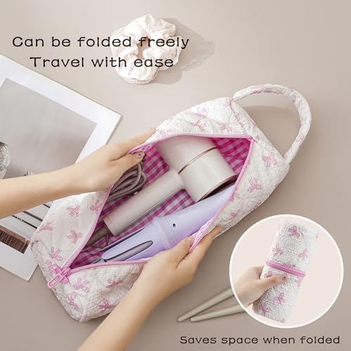 Image of RSRSLEII Quilted Hair Tools Travel Bag,Hair Styling Accessories Storage Case for Shark FlexStyle, Dyson Airwrap Hair Dryer, Curling Iron, Revlon Hair Tools,Portable and foldable(01Pink Bow)