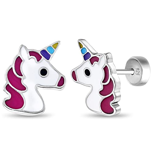 Sterling Silver Multi-color Unicorn Earrings - Safety Push Back Studs - Colorful Unicorn Gift for Lovers - Main Image