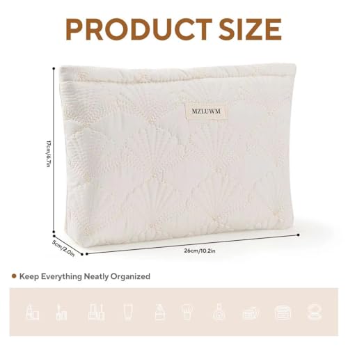 White Cotton Quilted Makeup Pouch，Cute Puffy Coquette Makeup Bag,Floral Cotton Quilted Cosmetic Bag for Women and Girls,Makeup Organizer Bag Zipper Pouch (White Shells)4