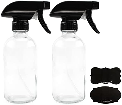 Cornucopia Brands 8-Ounce Clear Glass Spray Bottles (2-Pack); Boston Round Bottles w/ 3-Setting Adjustable Black Heavy Duty Sprayers & Chalk Labels