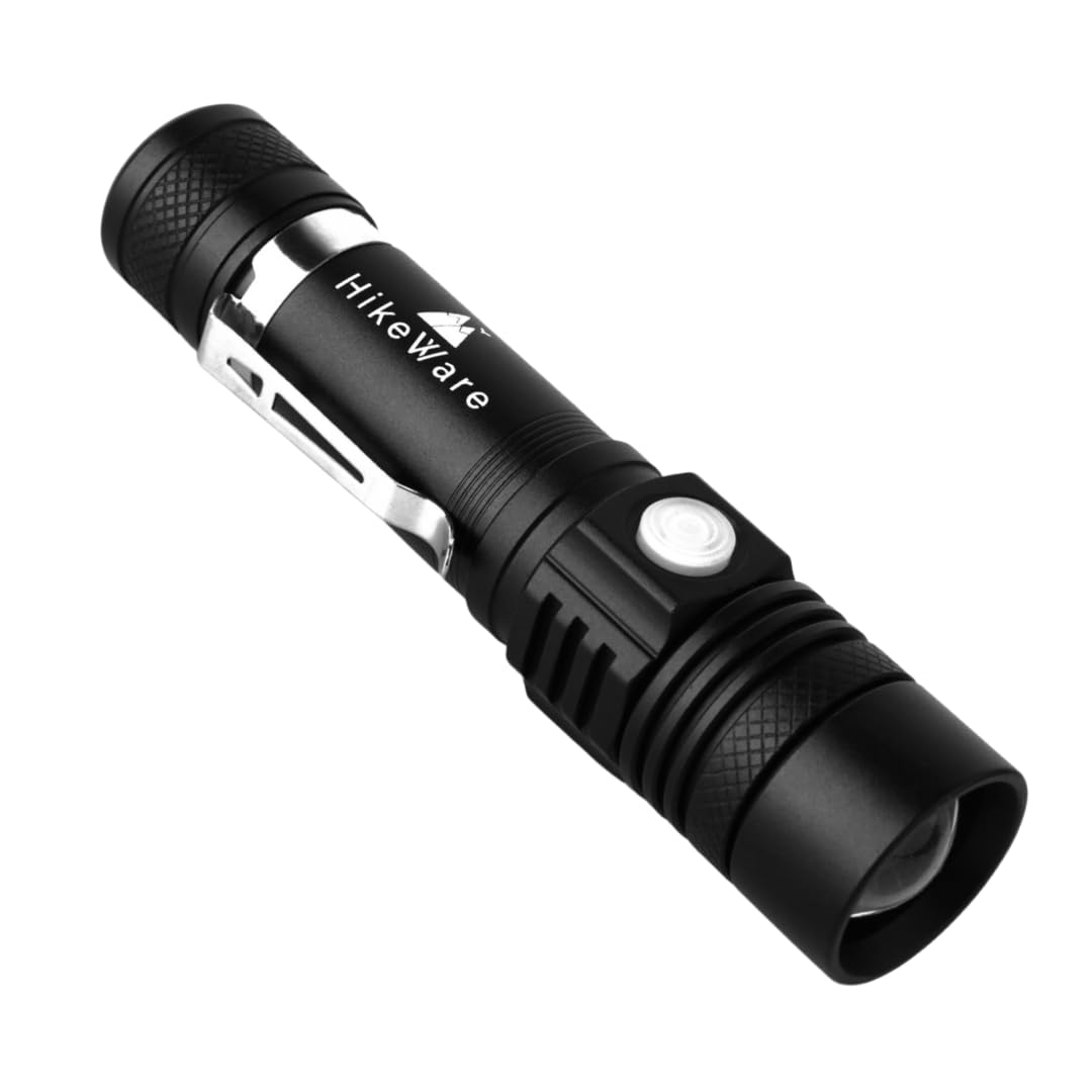 HikeWare Ultra Bright LED Flashlight. Camping Accessories, Waterproof, Zoomable, USB Rechargeable Torch, Powerful Tactical Light [Energy Class A+++]