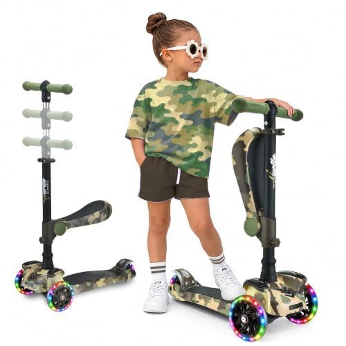 12 Wheeled Scooter for Kids - Stand & Cruise Child/Toddlers Toy Folding Kick Scooters w/Adjustable Height, Anti-Slip Deck, Flashing Wheel Lights, for Boys/Girls Ages 1+ years Old - Hurtle