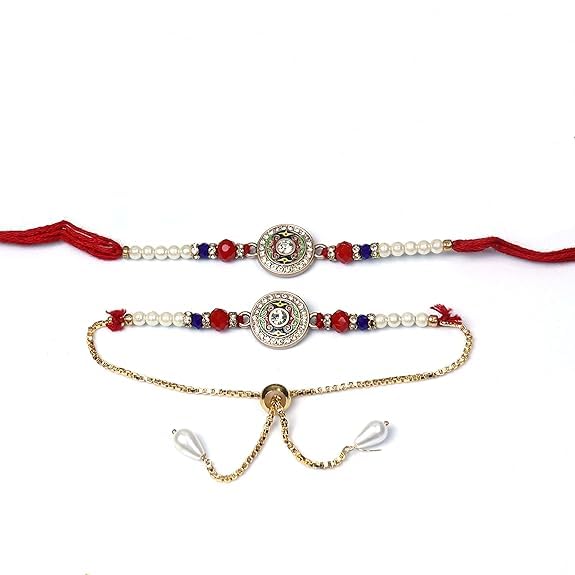 Image of Oblivion Rakhi Set for Brother and Bhabhi - Peacock with Feather Gift for Bhai & Lumba for Bhabhi with Silver Colour Coin and Greeting Card - Raksha Bandhan Combo