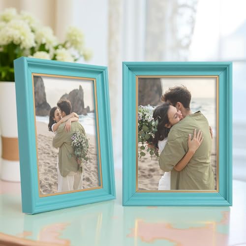 Image of GOLDEN PEACOCK Set of 2 5x7 Inch Photo Frames - Antique Turquoise Blue Finish | Vibrant Wall Hanging & Tabletop Picture Frames for Home Decor, Living Room & Gifting