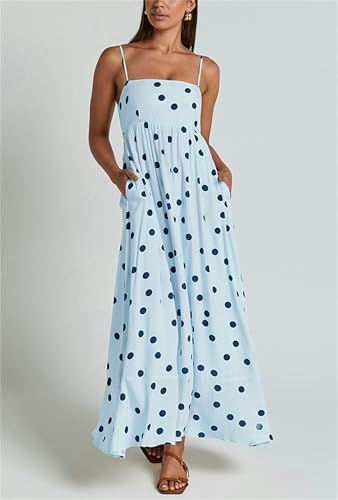 Image of Yuemengxuan Boho Maxi Dresses for Women Spaghetti Strap Flowy Smocked Long Dress Casual Summer Vacation Beach Maxi Dress