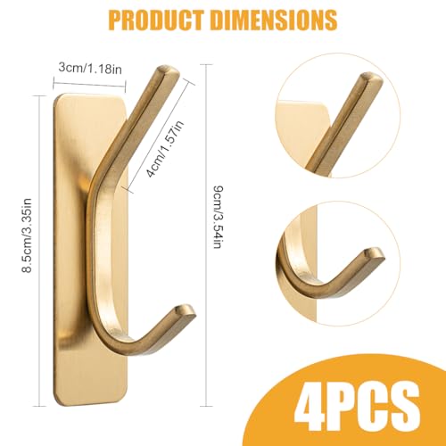 Image of HASTHIP 4 Pcs Stainless Steel Wall Hooks, Golden Twin-Prong Adhesive Mount