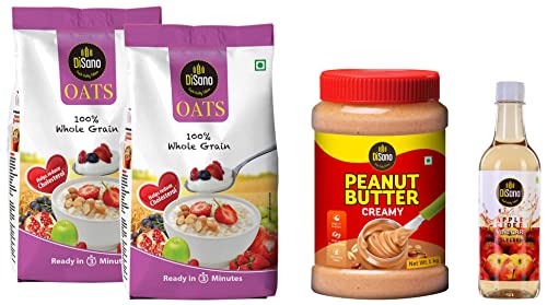 Image of Disano Oats, 100% wholegrain, Pouch 2 kg & Peanut Butter, Creamy, Classic, Gluten Free, Non GMO, 1Kg & Apple Cider Vinegar, Filtered- 500 ml