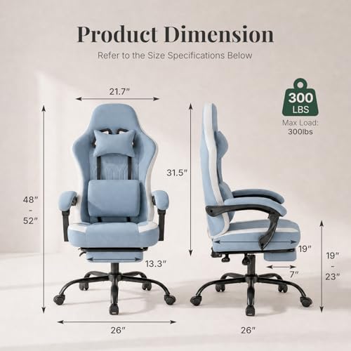 Image of Computer Gaming Chair - High Back Ergonomic Desk Chair with Footrest and Lumbar Support, Height Adjustable Task Chair with Linkage Armrests and Headrest, 360 Swivel Wheels, Blue