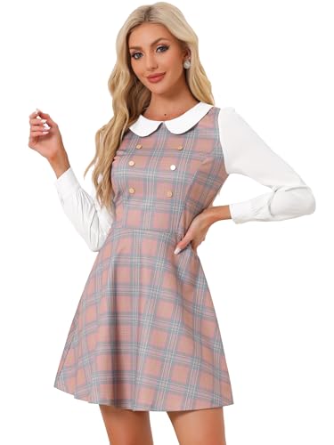 Image of Allegra K Women's Peter Pan Collar Contrast Color Button Decor A-Line Preppy Plaid Mini Dress