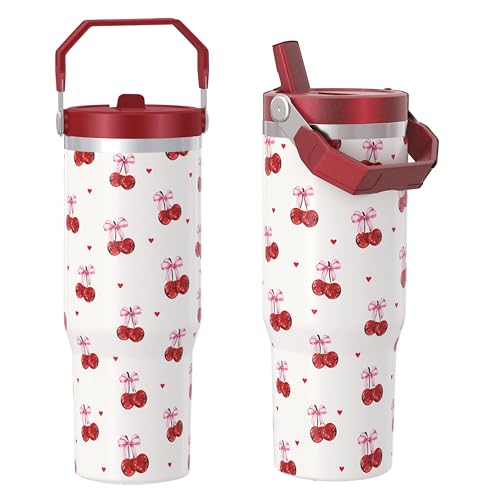 cahduenx 30 oz Cherry Tumbler with Straw Handle, Gifts for Women Who Loves Cherry, Stainless Steel Insulated Water Bottle Coffee Cups for Home Office Travel