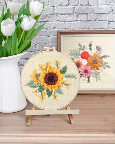 Image of ERKOON Punch Needle Kit Adults Beginners, 2 Pcs DIY Easy Flower Embroidery Set for Starter Art Craft, Needling Punching Project with Patterns, Tools, Yarns, Hoop, Instruction (Colorful Flowers)