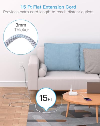 Surge Protector Power Bar 15 Ft Cord, Ultra Thin Flat Extension Cord with 8 Outlets 4 USB Ports(2 USB C), Flat Plug Power Bar, 15 Ft Long Braided Power Cord for Home, Office, Dorm  image 7