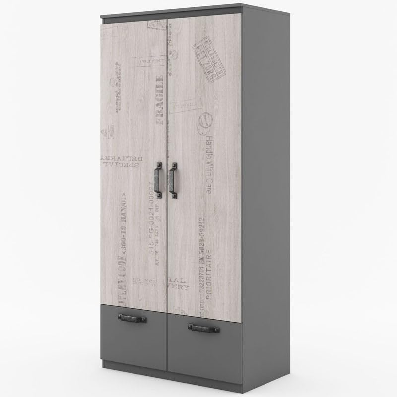 Generisch Jugend-Drehtürenschrank Santana SA-03 – 2 Türen, 2 Schubladen – Graphit/Eiche Santana – 192x90x50 cm - letztes Stück!