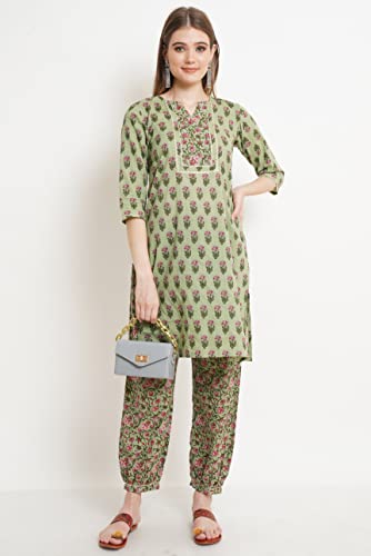 Image of COTLAND Fashions Jaipuri Cotton Straight Kurta And Afghani Salwar Suit Set For Women (Lush Lace), Green