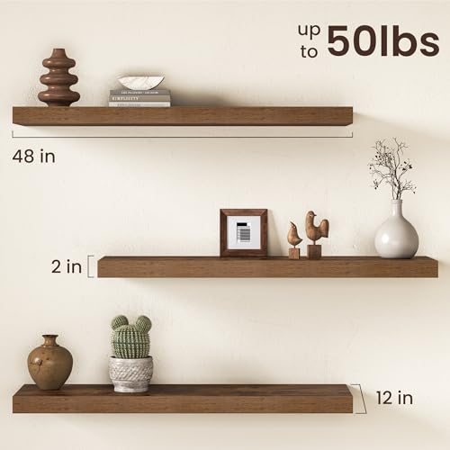Image of Floating Shelves 48Inch Long, 12 Inch Deep Floating Shelves for Wall, 48 x 12 Large Floating Shelf for Fireplace Mantel, 2 inch Thicked Wall Shelf for Living Room, Bedroom Storage, Rustic Brown, 2 Packs