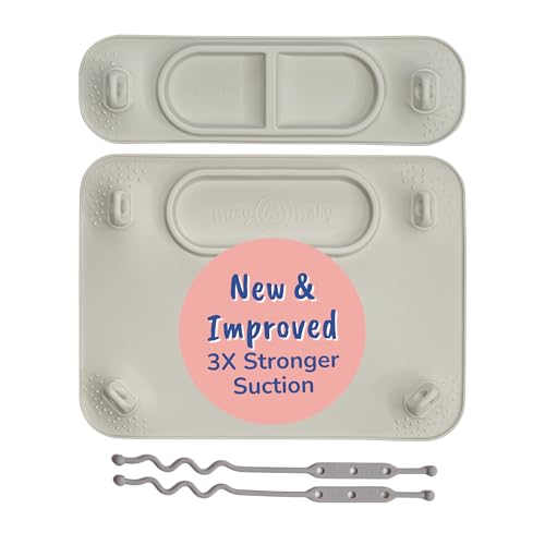 Image of BUSY BABY Silicone Mat Bundle - 1 Original Mat Plus 1 Mini Mat, New Stronger Suction Cups, 6 Straps to Secure Baby Essentials and Keep Them Off The Floor, Baby Led Weaning, Wet Bag Included (Tan)
