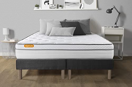 Septnuits Matelas 180x200 + Double sommiers Gris 90x200 Memo Luxe Ressorts ensachés + mémoire de Forme 5 Zones de Confort Maxi épaisseur | Epaisseur : 26 cm | Confort : Equilibré Cover