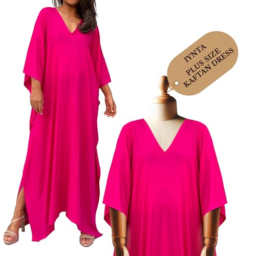 iynta Plus Size Kaftan Dresses for Women, Handmade Caftans for Women - Individually Dyed Oversized Dress, Maxi Dress, Sundress, & Swimsuit Coverup for Vacation, Night Out, Loungewear - 45 in., Fuchsia