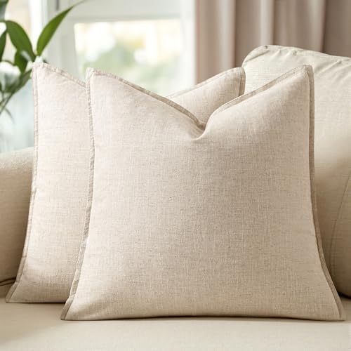 Image of 24x24 Inch Set of 2 Decorative Linen Solid Throw Pillow Covers Boho Accent Farmhouse Couch Pillowcases Modern Netural Euro Home Decor for Couch Sofa Living Room Bed,Beige