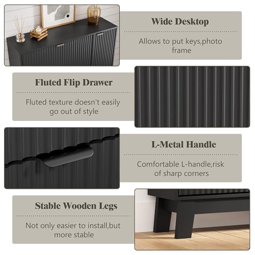 Image of Shoe Cabinet Storage for Entryway with 3 Flip Drawers & Side Cabinet, Fluted Narrow Shoe Organizer with Wooden Leg, Freestanding Shoe Storage Hidden Shoe Rack Organizer for Front Door Entrance, Black