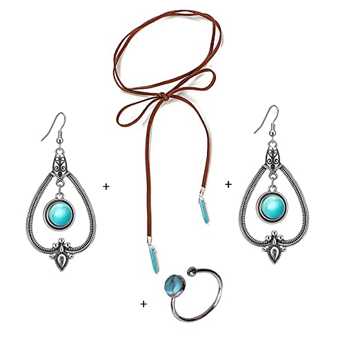 Ghh zdq 3 Pieces Bohemian Turquoise Set Turquoise Pendant Long Choker Suede Choker Necklace Vintage Turquoise Statement Dangle Earrings and Adjustable turquoise rings Set for Women