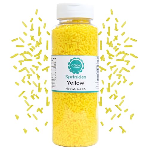 Image of O'Creme Yellow Sprinkles for Cake Decorating, Kosher, 6.3oz | Pastel yellow sprinkles in an easy-pour jar. Great for cupcakes, cookies, and ice cream. Kosher certified, 6.3 oz.