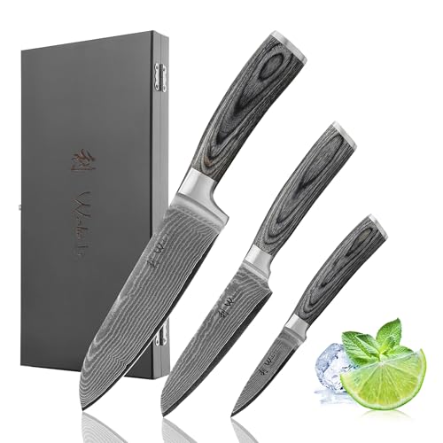 Wakoli Edis Damastmesser Set 3-teilig I Santoku Messer groß und klein...