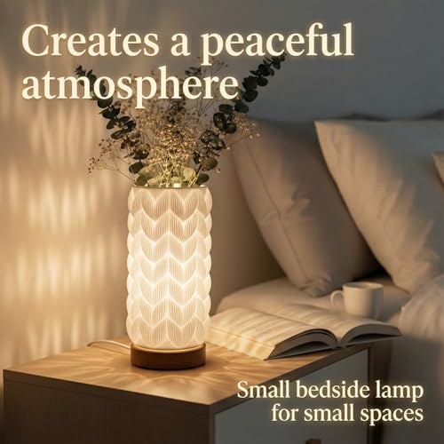 Image of Small Bedside Lamp for Nightstand, 3D Printed Mini Table Lamp, 3 Color Temperatures Warm to Cool White, Cozy Small Lamp for Bedroom Dorm Tight Spaces, Ash Wood Base, 8.8 Inch Tall - Honeycomb