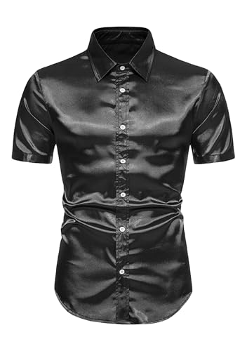 YMING Mens Silk Button Down Shirt Satin Short Sleeve Lapel Dress Shirts Summer Solid Color Shirt Plus Size