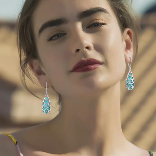 Turquoise Earrings for Women, Vintage Boho Western Turquoise Earrings, 925 Sterling Silver Leverback Teardrop Dangle Earrings for Women, Hypoallergenic Gift for Her​2