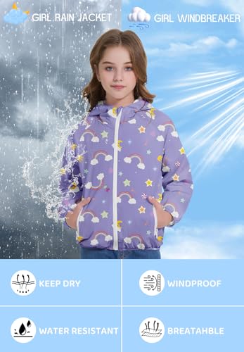 Image of Zando Lightweight Girls Rain Jacket - Hooded Windbreaker Water-Resistant Girls' Outerwear Jackets & Coats for Kids 4-10Y