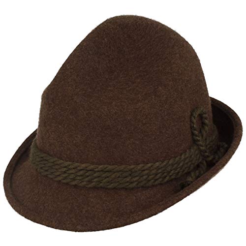 Breiter Original Herren Trachtenhut Filzhut Wanderhut Spitzkopf 100% Wolle schmaler Krempe & Wollkordel Braun 59