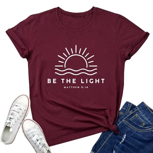 YITAN Women Cute Tops Be The Light Graphic Tee Shirts Wine Red Large