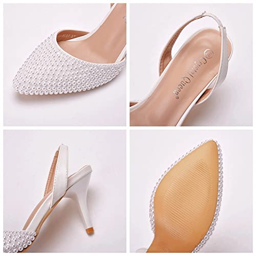 Pearl Slingback Heels for Women, Pointed Closed Toe Slip on Heeled Sandals Satin Stiletto Heel Evening Bridal Shoes for Wedding2