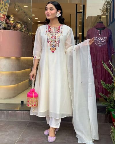 Image of Women's Cotton Mirror Work Embroidered Straight Kurti with Pant and Dupatta Set