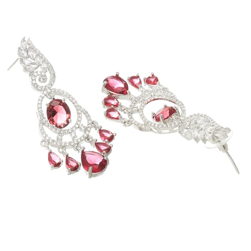 Image of ZENEME Rhodium-Plated American Diamond Studded Oval & Leaf Shaped Drop Earrings For Girls and Women