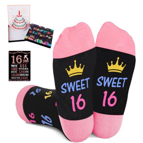 Juesly Sweet 16 Gifts for Girls - Novelty Socks with Pop Up Birthday Card and 16th Poster Anniversary Card 16th Birthday Gifts for Girls
