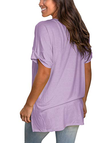 Image of Sampeel Women's V Neck T Shirts Casual Rolled Short Sleeve Side Split Summer Tops Loose Fit